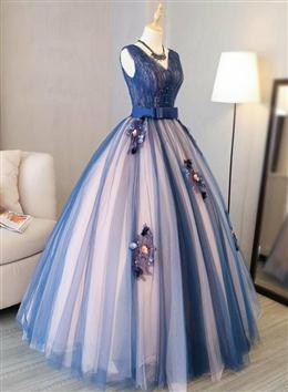 Picture of Blue and Pink Flower Lace Applique V-neckline Sweet 16 Gown, Floor Length Formal Dress